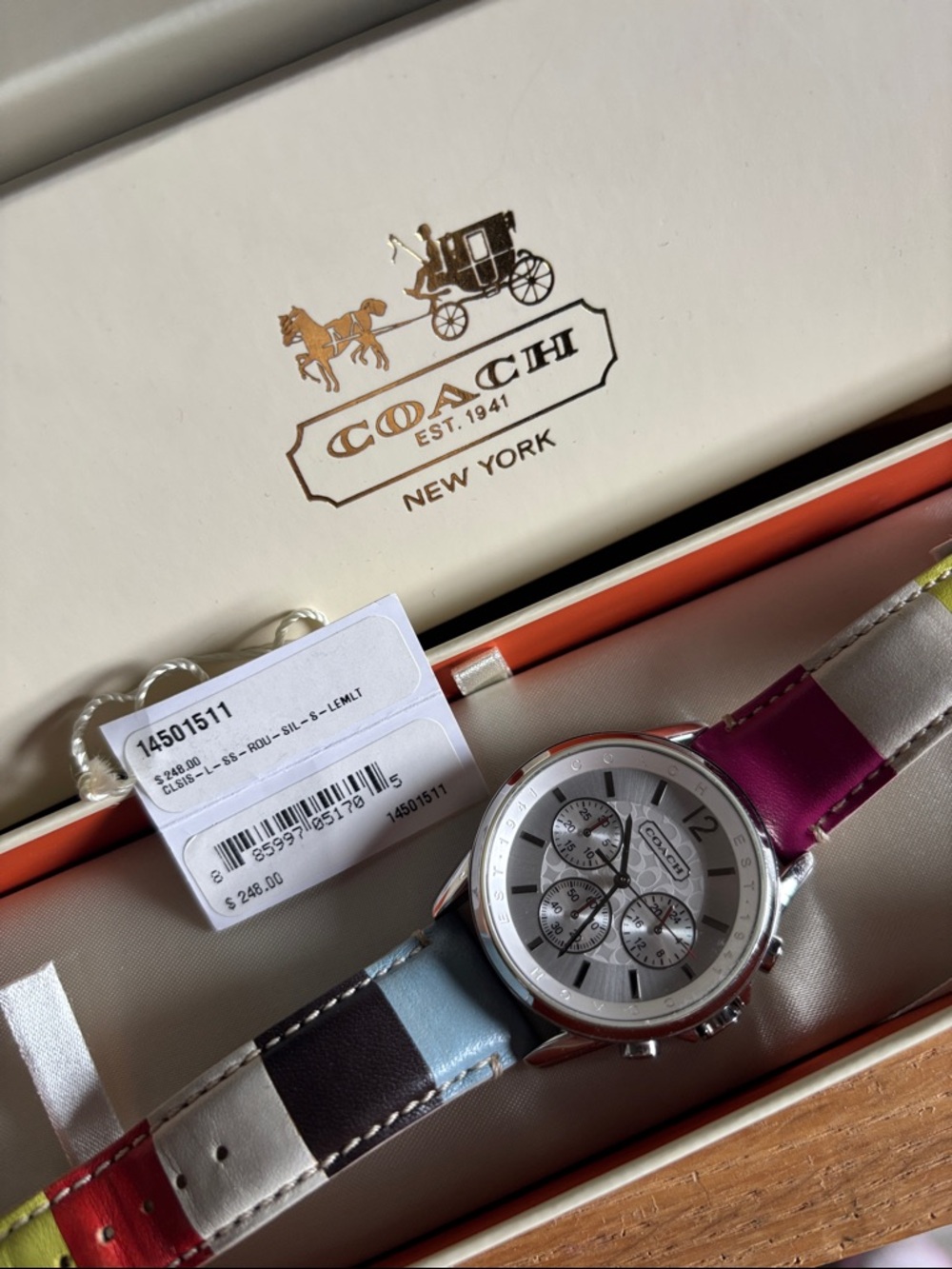 Coach Multicolor Leather Strap Chronograph Watch with Silver Dial - Picture 2 of 9